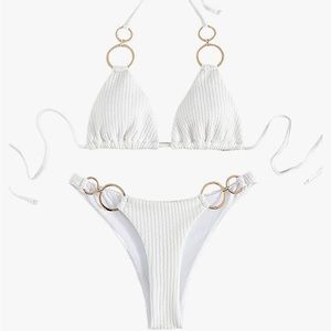 New with Tags NWT Halter White Bikini Gold Rings Tie Swimsuit
